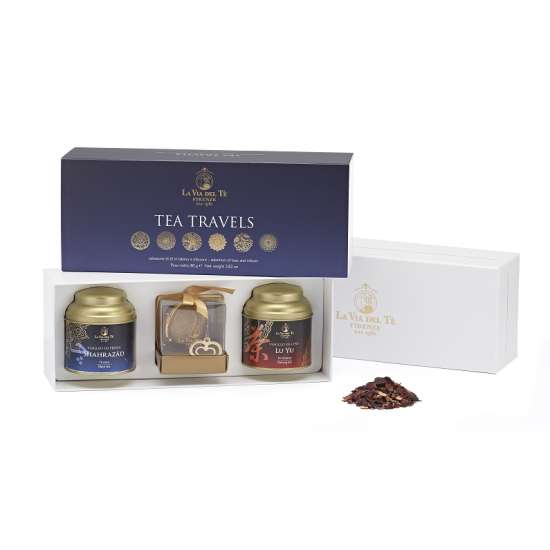 Gift Box | Tea Travels | 2 tins of 40g. + 1 golden s/steel infuser